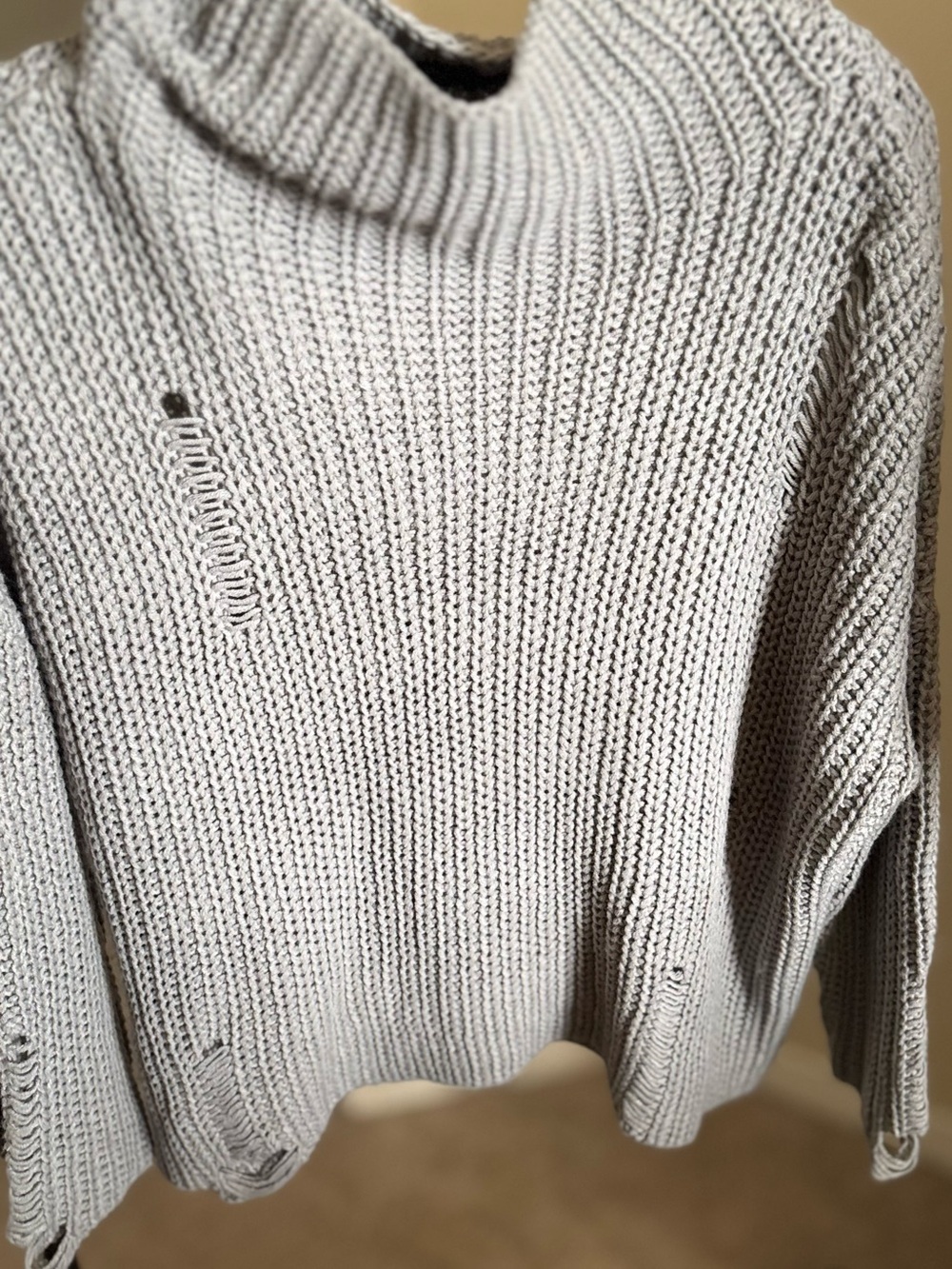 Light Gray Distressed Turtleneck Sweater - Classic Cozy Knit